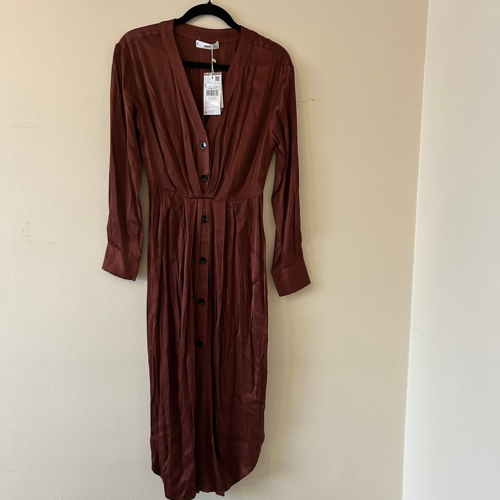 MNG Brown Satin Long Sleeve Button Front Midi Shirt Dress Size S - Picture 4 of 11
